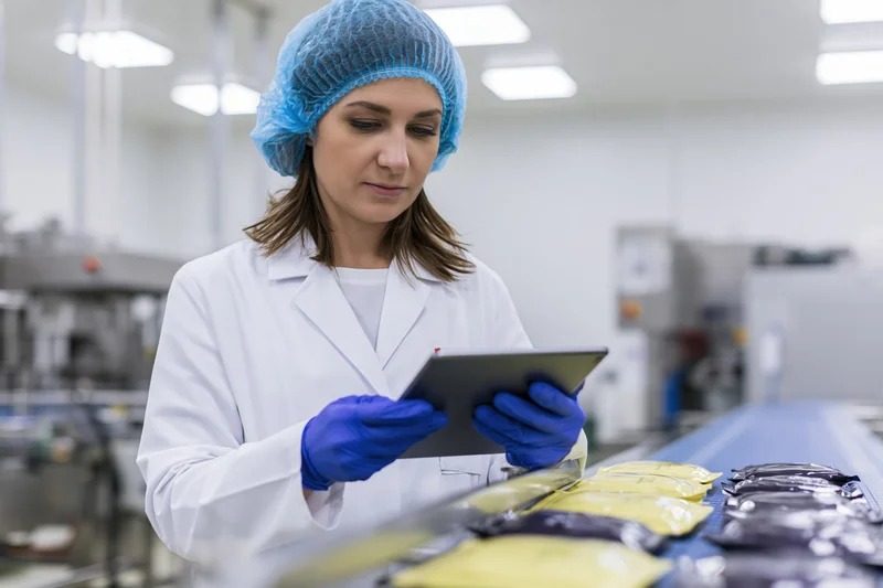 Woman in lab coat inspecting packaged food on conveyor in factory