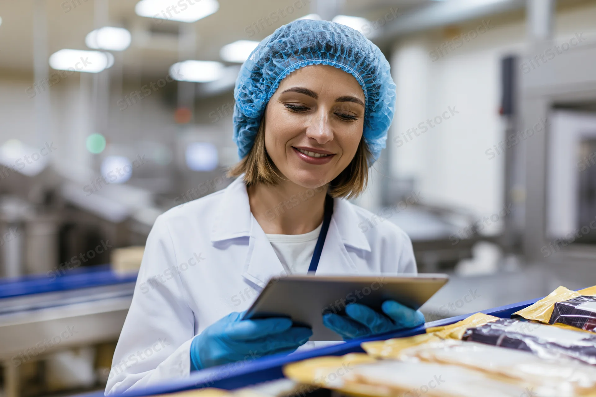 Woman in lab coat and hairnet using tablet for inspection in food factory