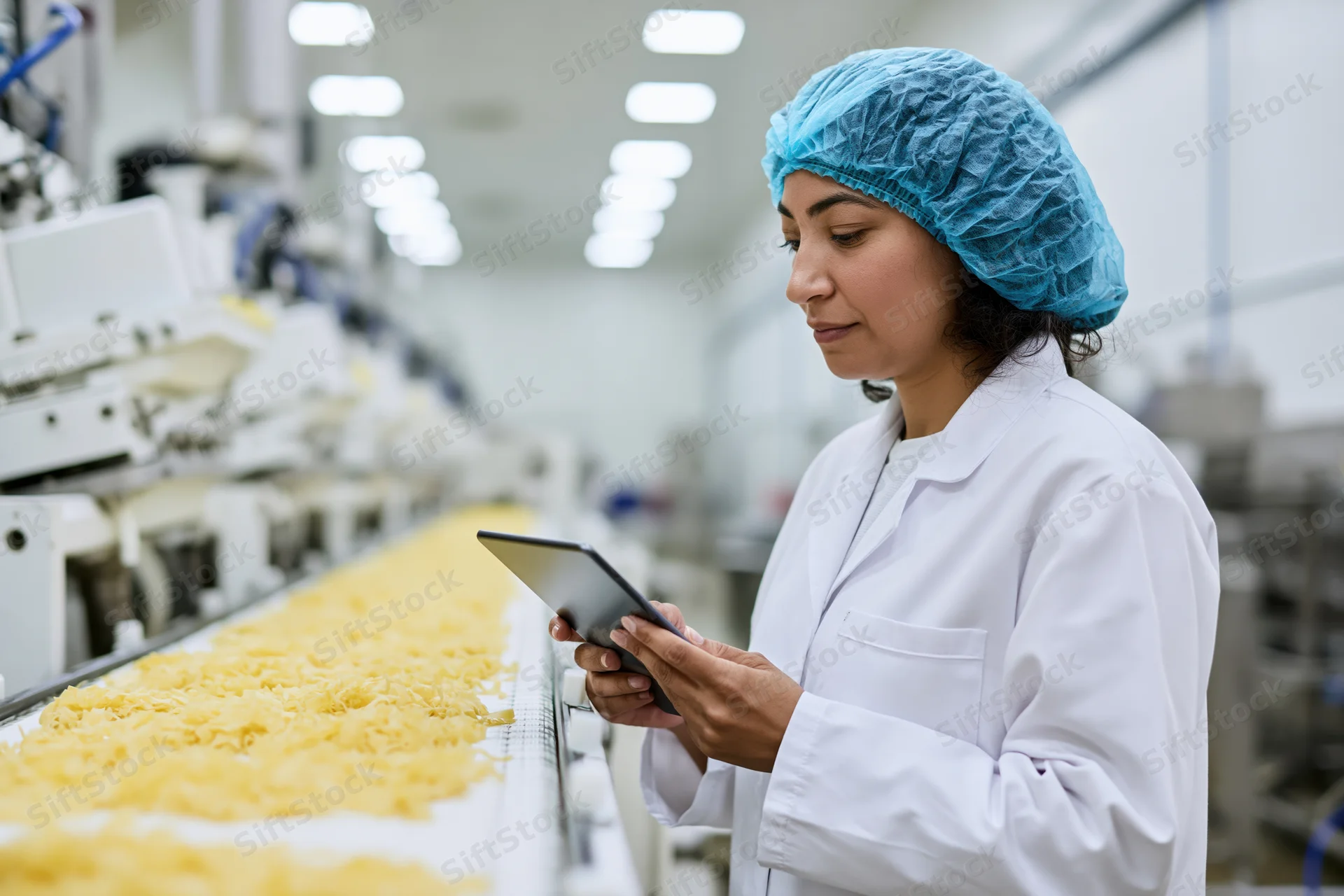 Woman in lab coat using tablet to inspect pasta on conveyor in food processing factory