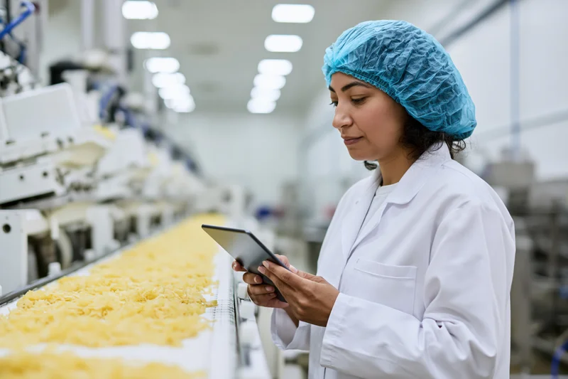 Woman in lab coat using tablet to inspect pasta on conveyor in food processing factory