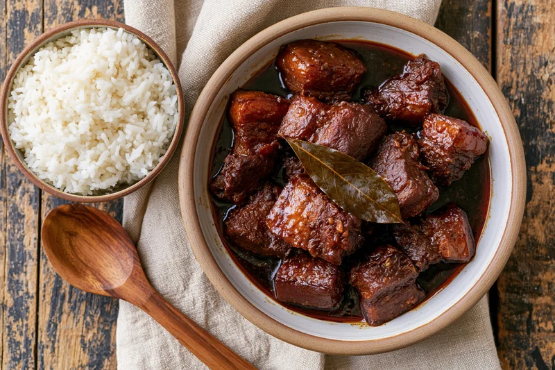 Filipino pork adobo in a wide ceramic bowl with white rice and wooden spoon on rustic wood table