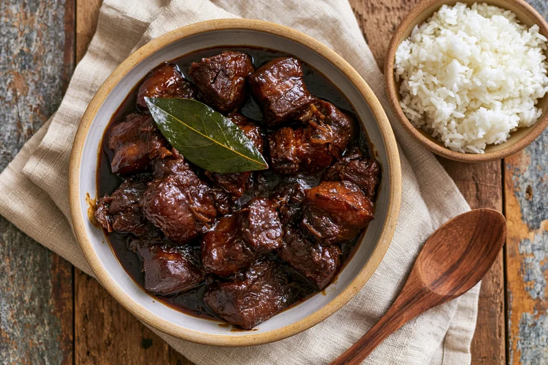 Filipino pork adobo in a wide ceramic bowl with bay leaf and white rice on wooden table