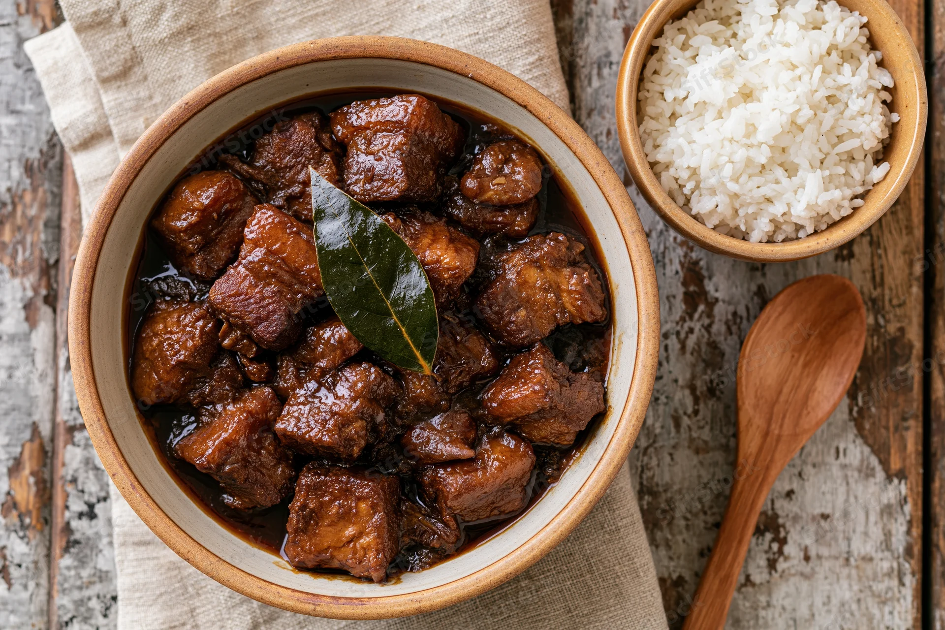 Filipino pork adobo stew in a ceramic bowl with rice and wooden spoon on rustic table