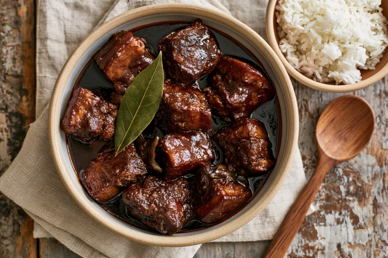 Filipino pork adobo in a wide ceramic bowl with bay leaf and white rice on rustic wooden table
