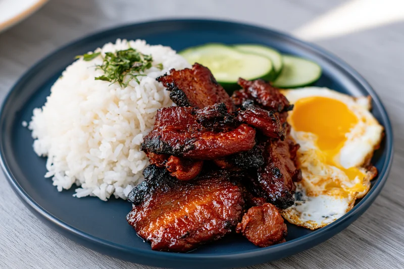 Filipino tocino with rice and fried egg on a blue plate