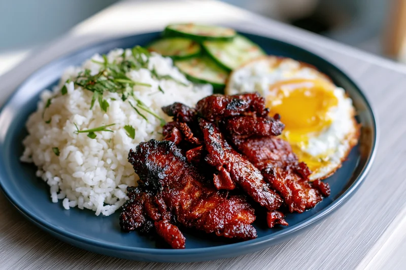 Plate of filipino tocino with rice, fried egg, and cucumber slices on a wooden table