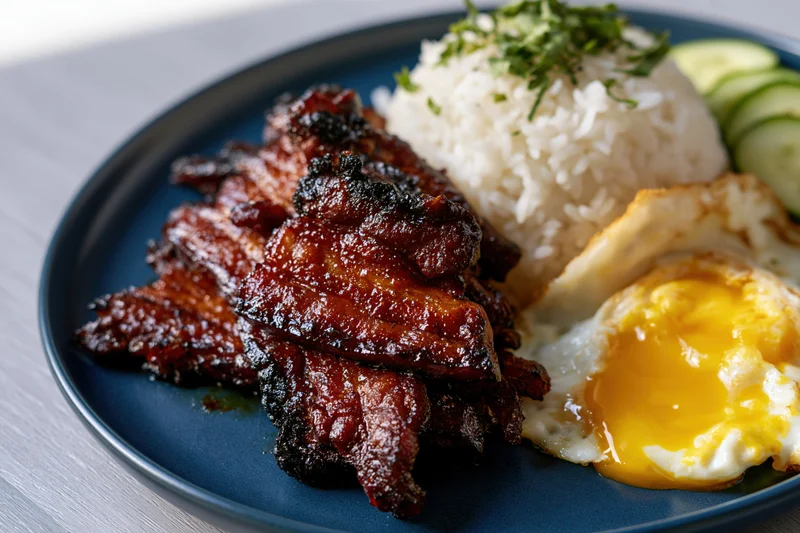 Filipino tocino slices with rice and fried egg on a blue plate