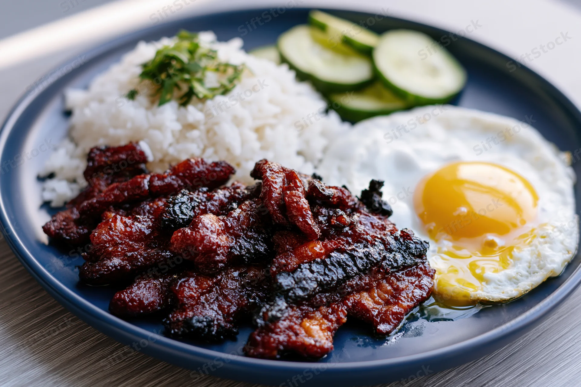 Plate of filipino tocino with rice, fried egg and cucumber slices on wooden table
