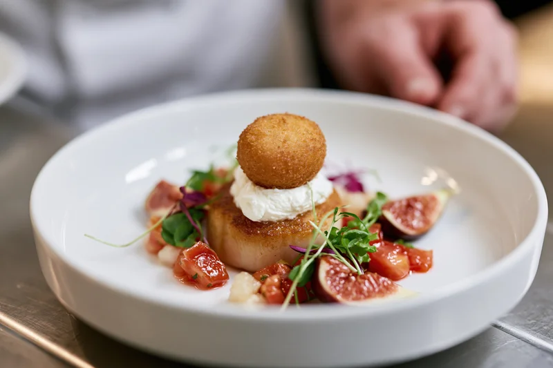 Fine dining appetizer with seared scallop, figs, and croquette on a white round plate