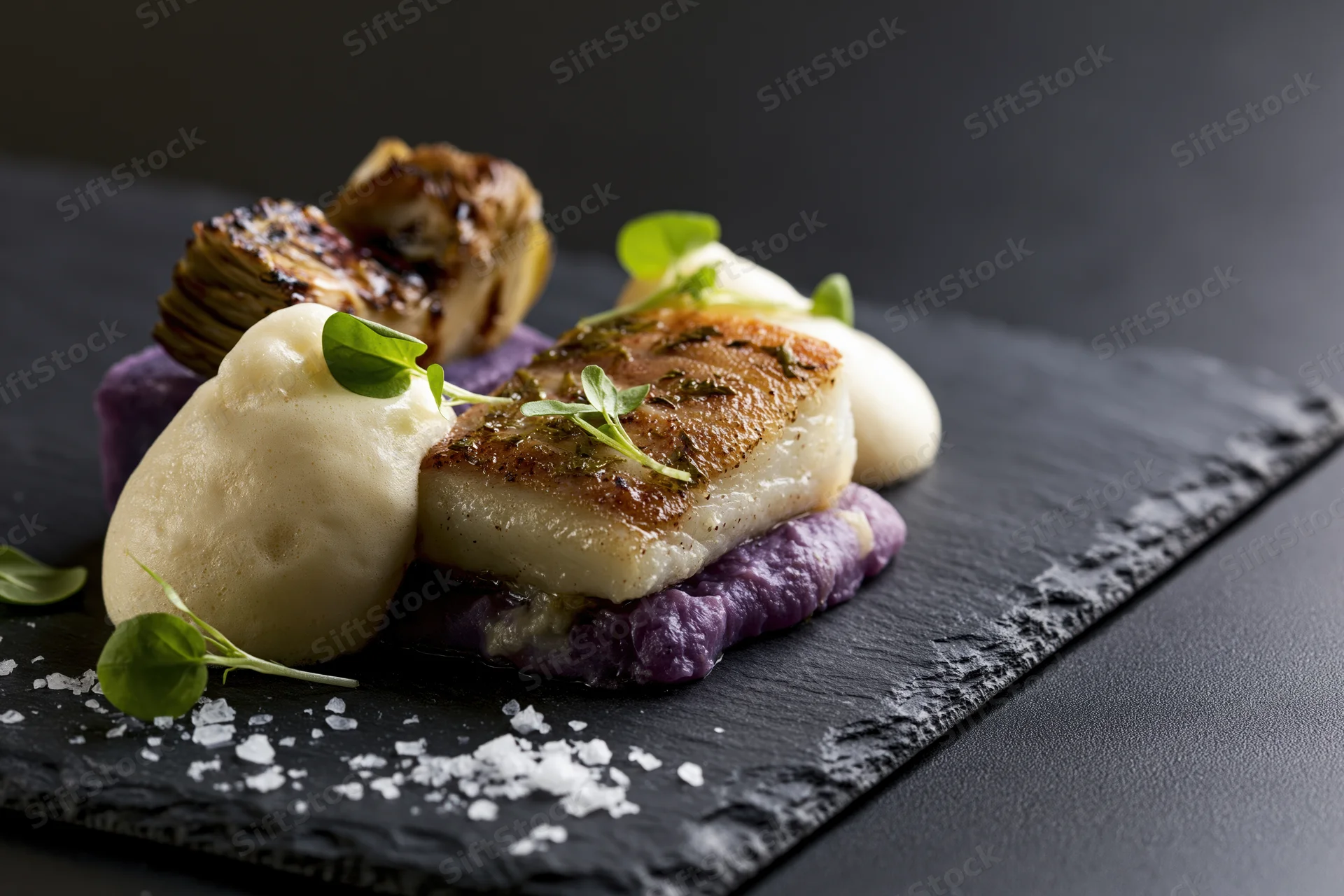 Seared white fish on purple sauce with mashed potato and roasted artichoke on dark slate plate