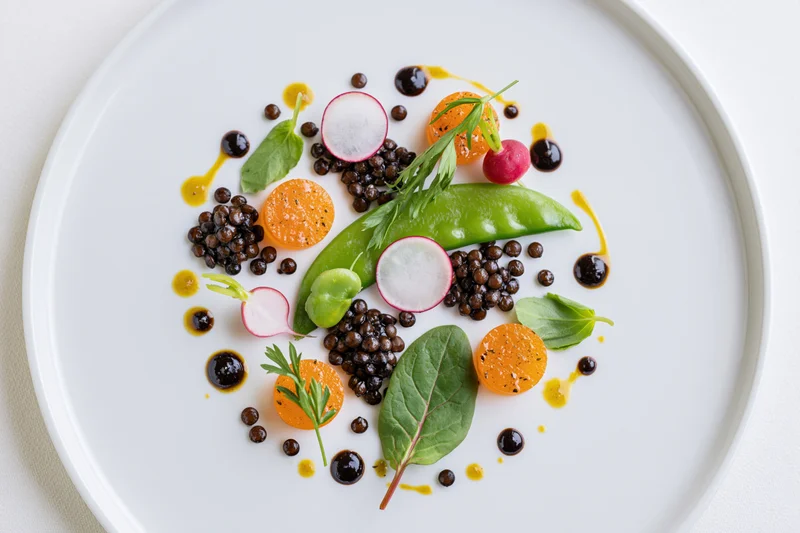 Fine dining tasting course artfully arranged on a white plate with vegetables, caviar, and sauce drizzle