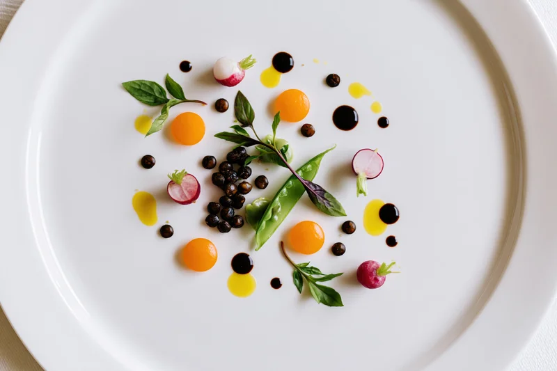 Fine dining tasting course artfully arranged on a white plate with colorful garnishes and sauces