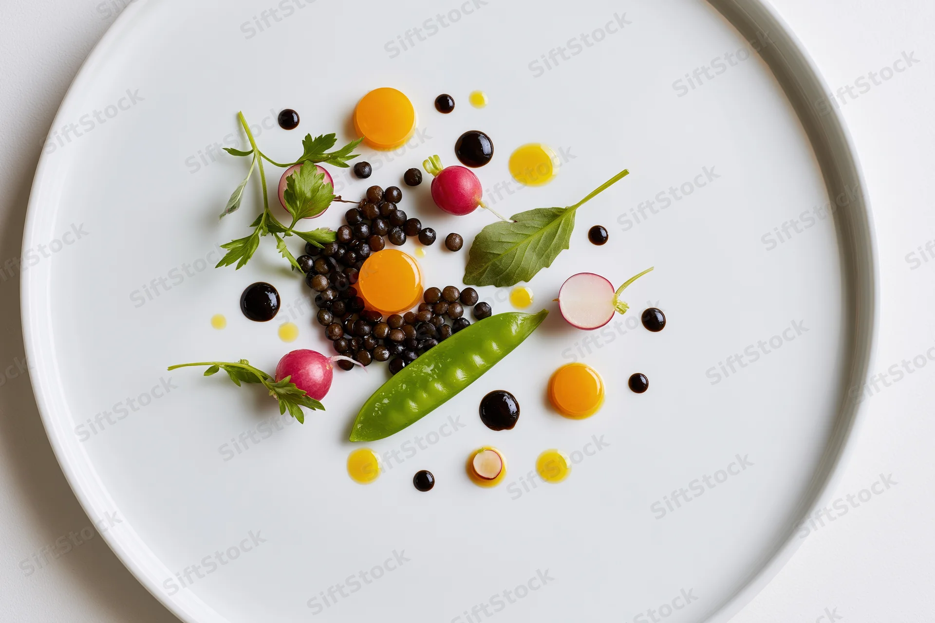 Fine dining tasting course artfully arranged on a white plate with garnishes and sauce dots