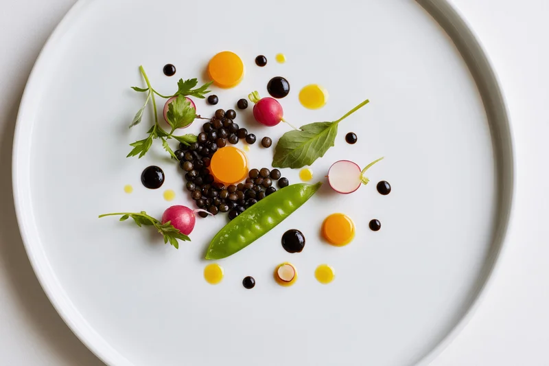 Fine dining tasting course artfully arranged on a white plate with garnishes and sauce dots