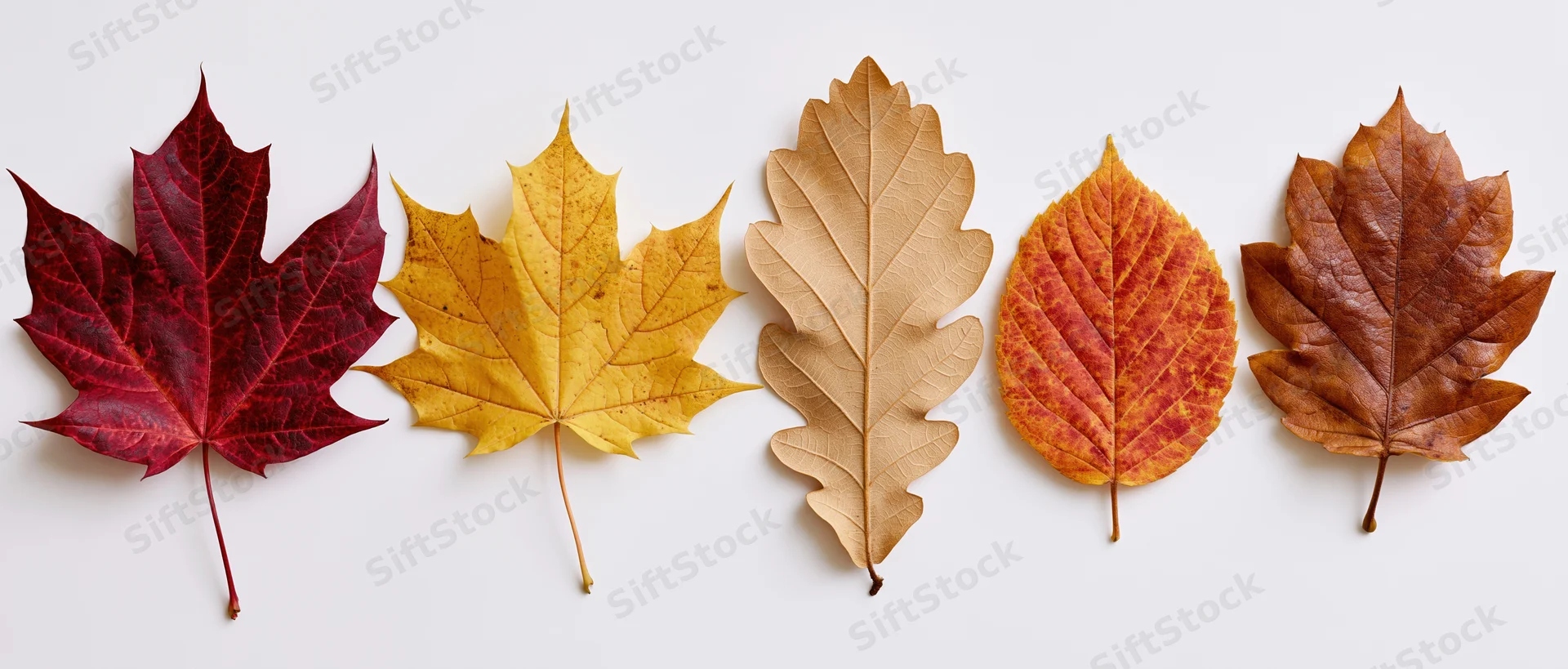 Five autumn leaves arranged in a horizontal row on a white background