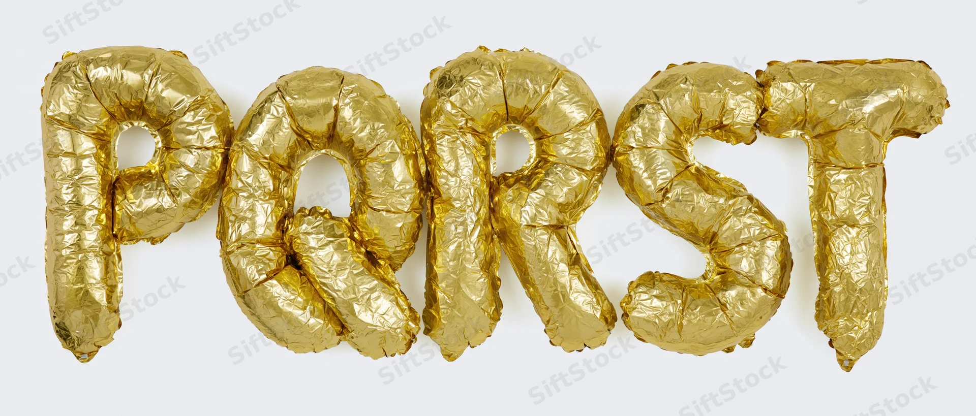Gold mylar foil balloons spelling p q r s t arranged in a row on a white background