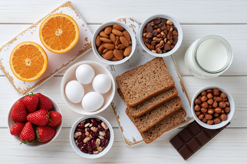 Flat lay of common allergy foods arranged on a white wooden table