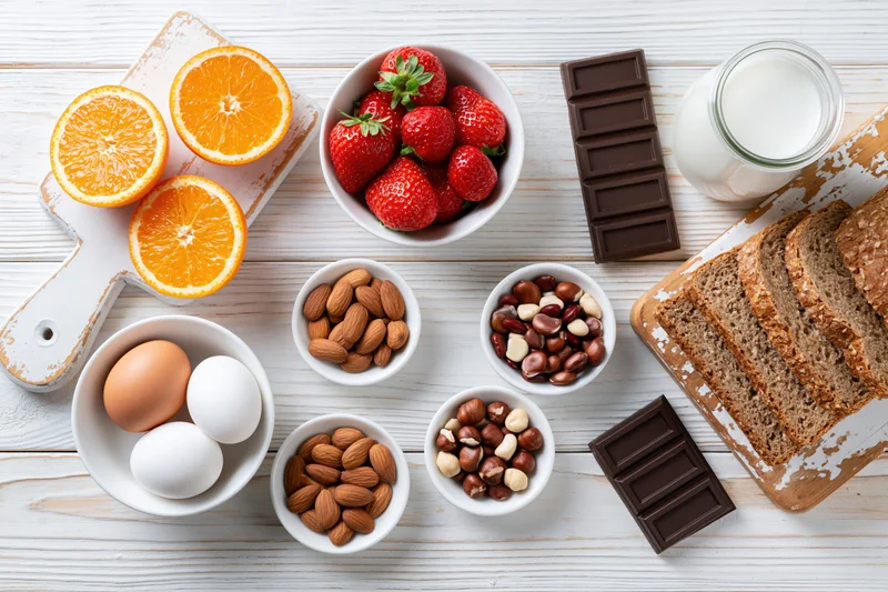 Flat lay of common allergy foods arranged on a white wooden table