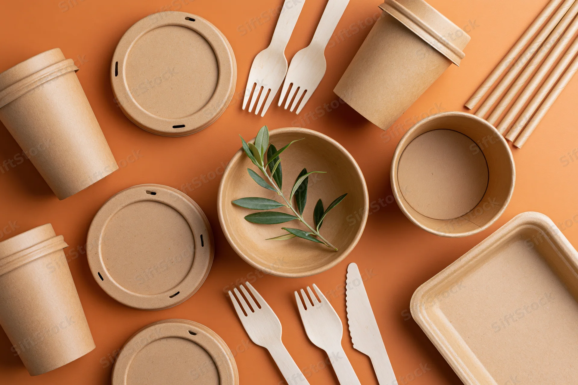 Eco-friendly disposable paper tableware arranged flat on orange surface with green leaf