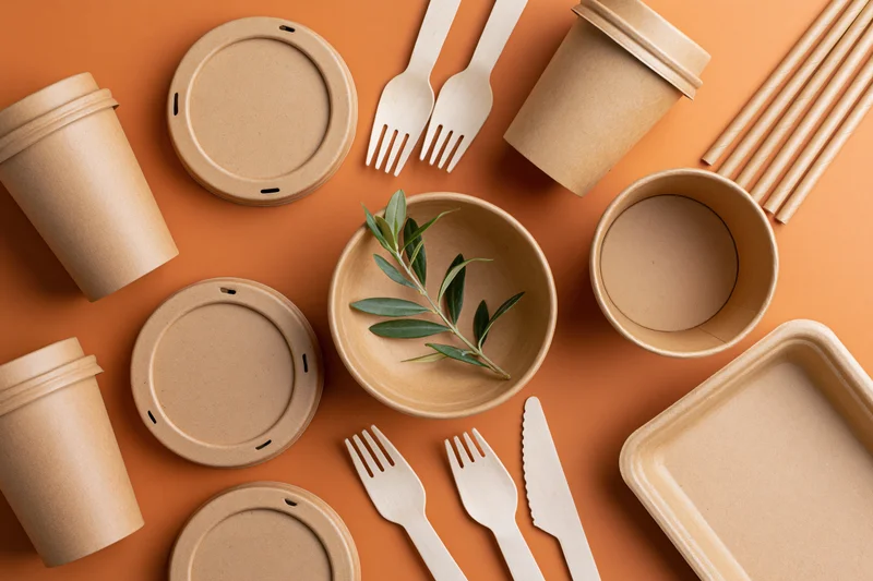 Eco-friendly disposable paper tableware arranged flat on orange surface with green leaf