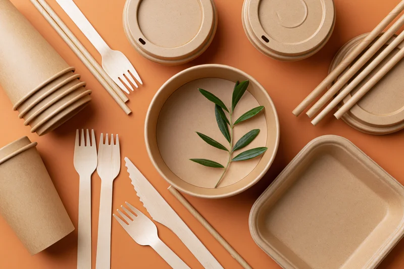 Flat lay of eco-friendly disposable kraft paper tableware and cutlery on orange background with green leaf