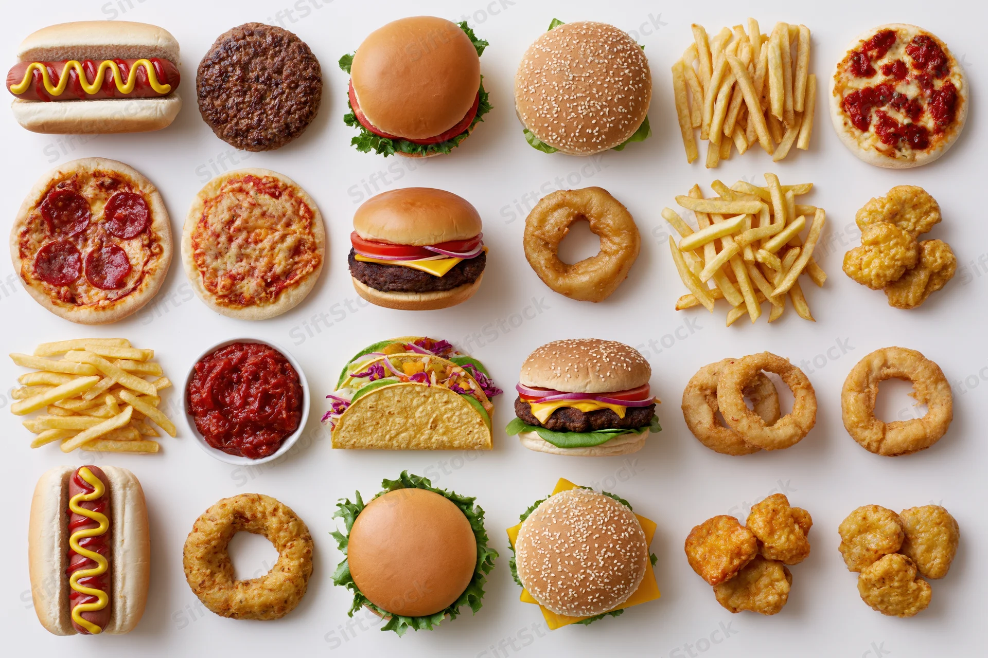 Twenty assorted fast food items arranged in a grid on a white background