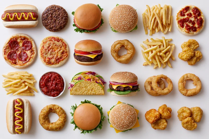 Twenty assorted fast food items arranged in a grid on a white background
