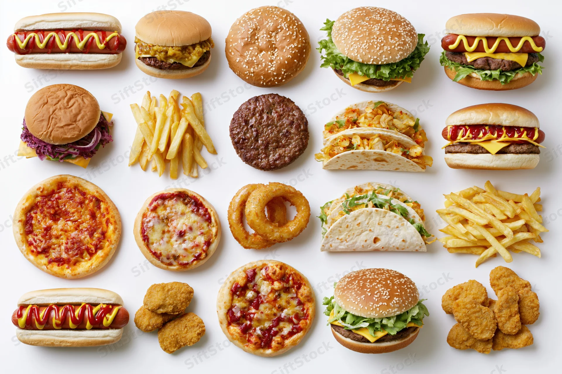Flat lay arrangement of assorted fast food items on white background