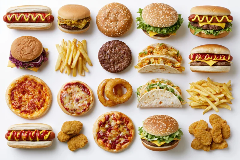 Flat lay arrangement of assorted fast food items on white background
