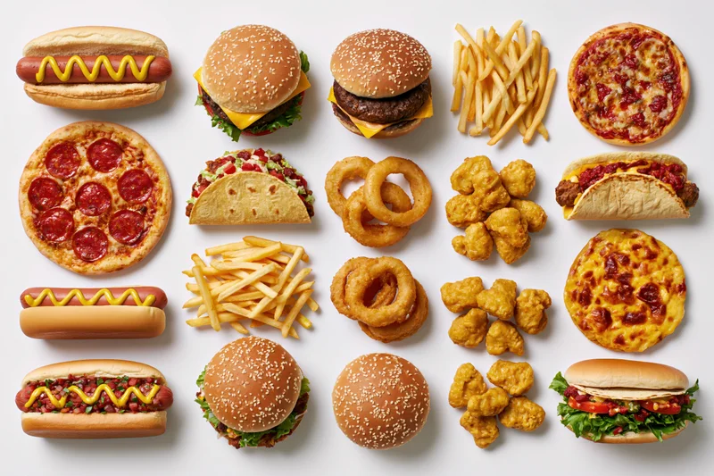 Twenty assorted fast food items arranged in a grid on white background