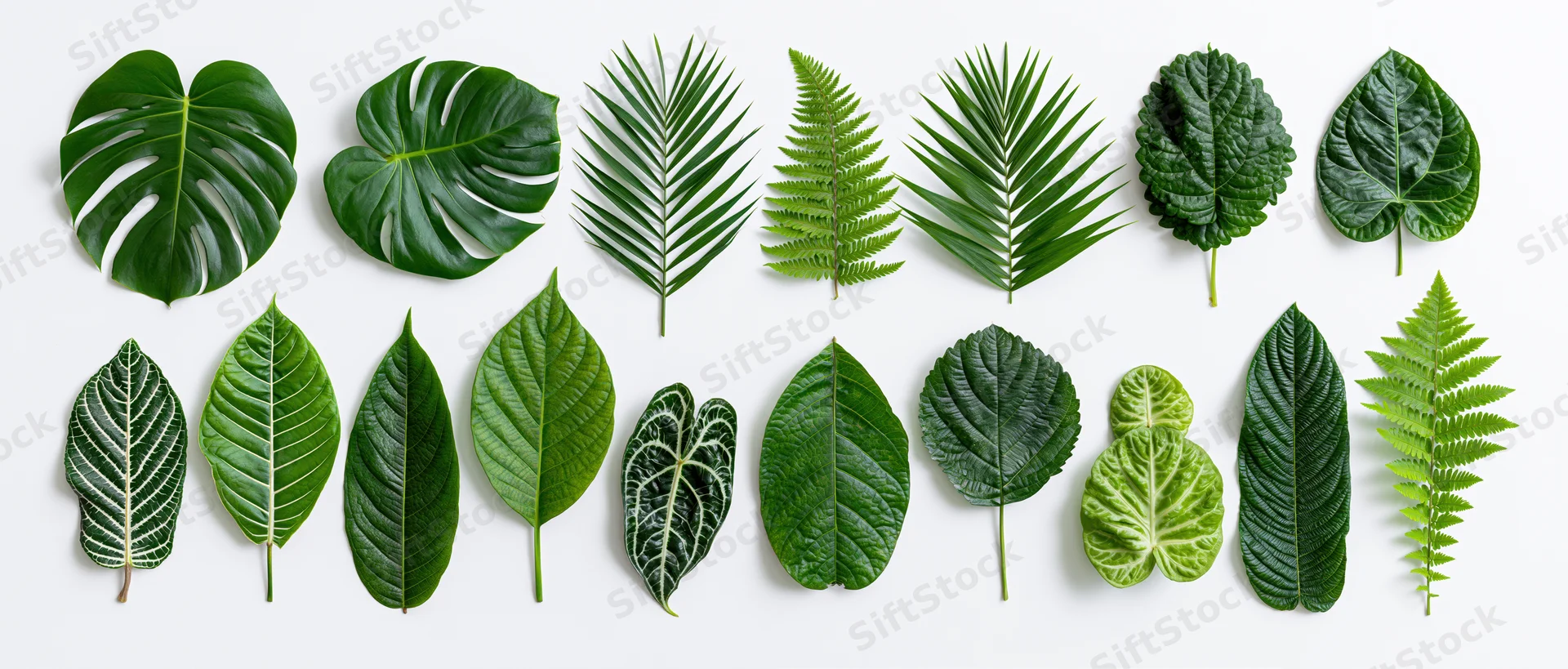 Seventeen tropical and exotic leaves arranged in two rows on a white background