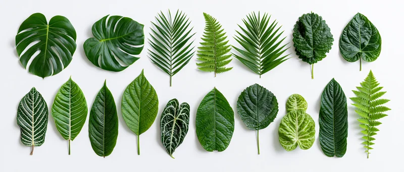 Seventeen tropical and exotic leaves arranged in two rows on a white background