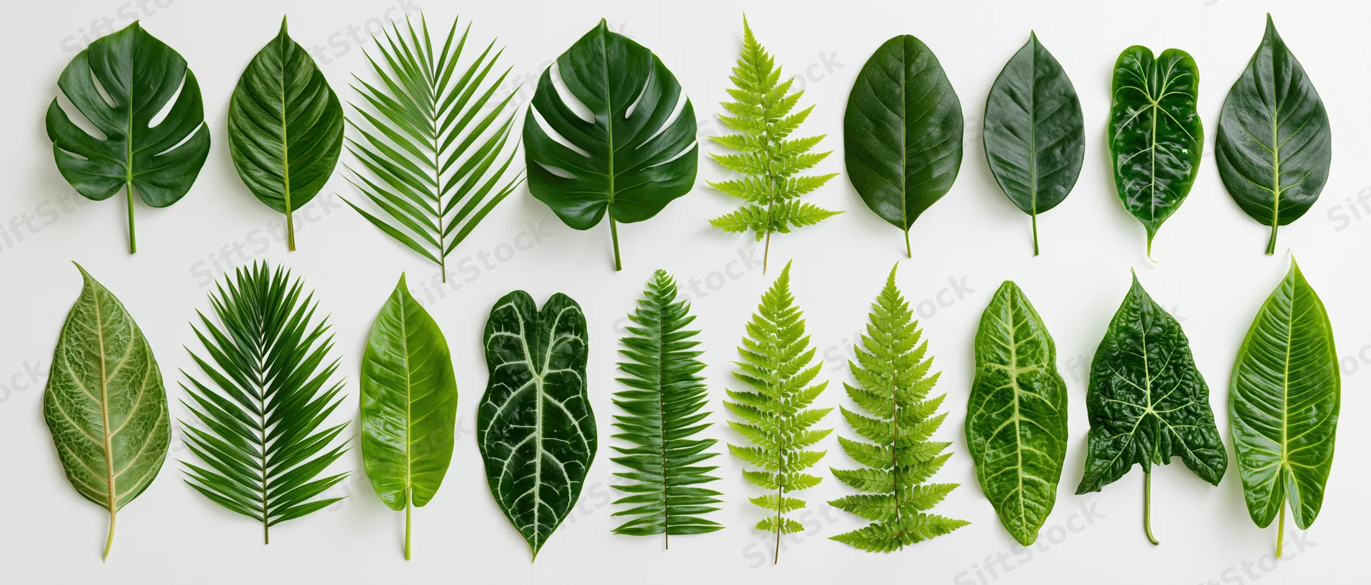 Flat lay arrangement of seventeen tropical and exotic leaves on white surface