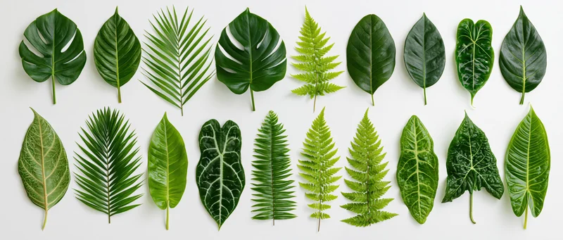 Flat lay arrangement of seventeen tropical and exotic leaves on white surface