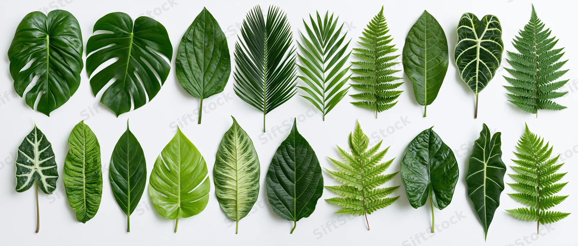 Flat lay arrangement of seventeen tropical and exotic leaves on white background