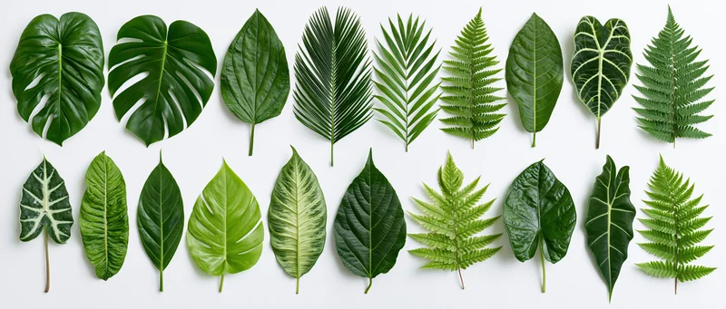 Flat lay arrangement of seventeen tropical and exotic leaves on white background