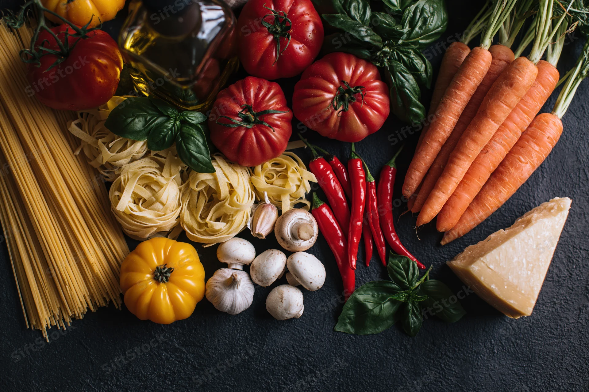 Flat lay of italian cooking ingredients arranged on dark surface with pasta, tomatoes, carrots, basil, garlic, mushrooms, cheese and olive oil
