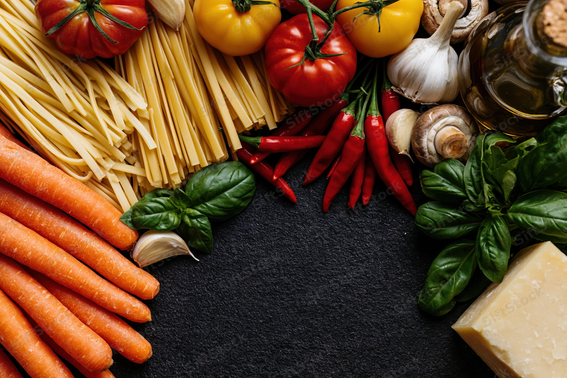 Italian cooking ingredients arranged in a flat lay on a dark surface with copyspace in the center
