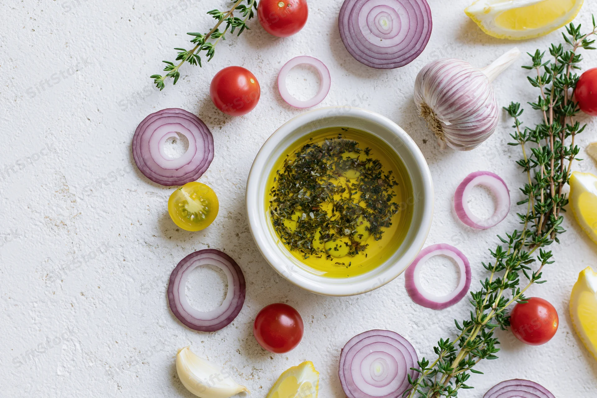 Small white ceramic bowl filled with olive oil and herbs surrounded by sliced onions, cherry tomatoes, garlic, lemon, and thyme on a light textured surface