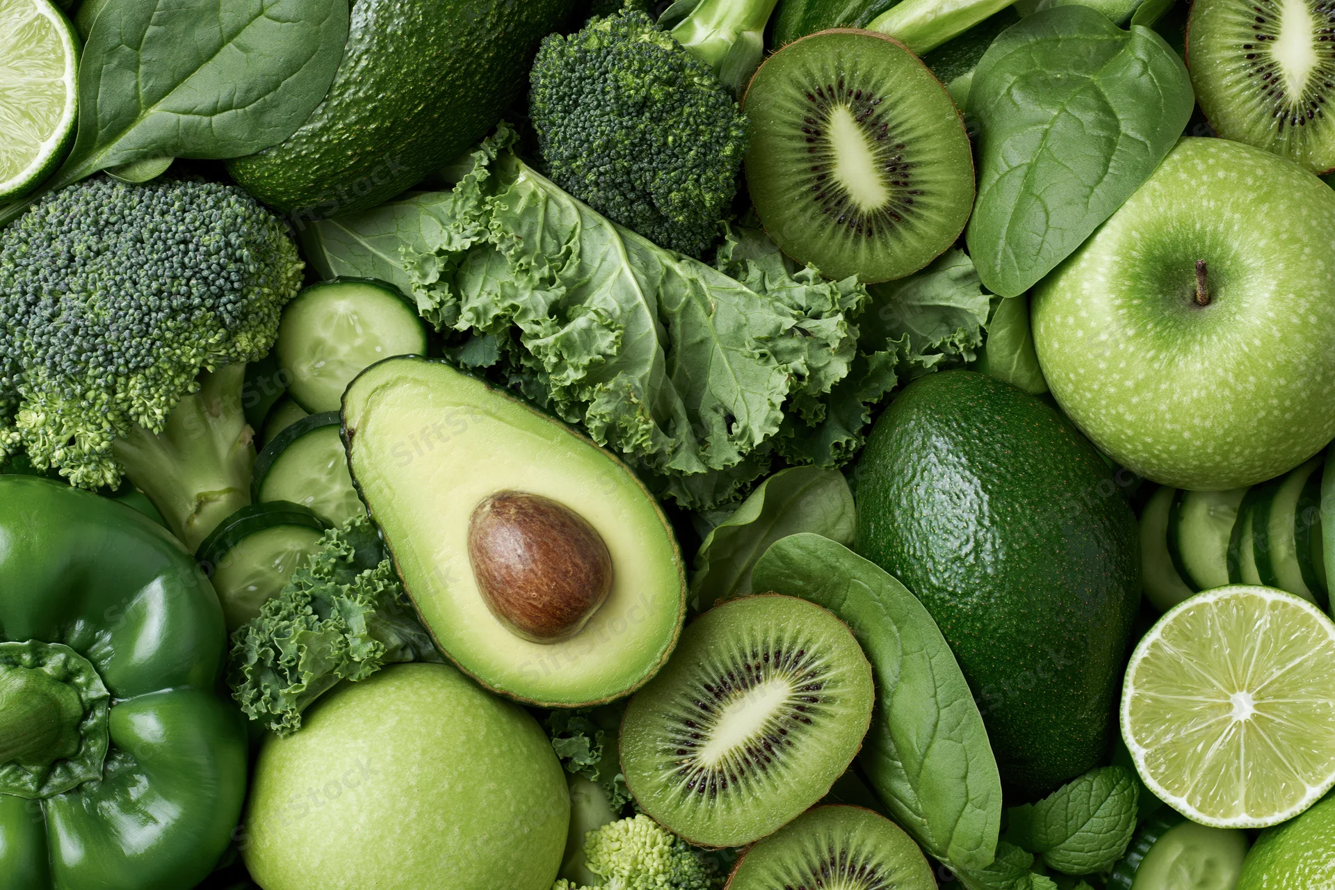 Flat lay of assorted green fruits and vegetables covering the frame