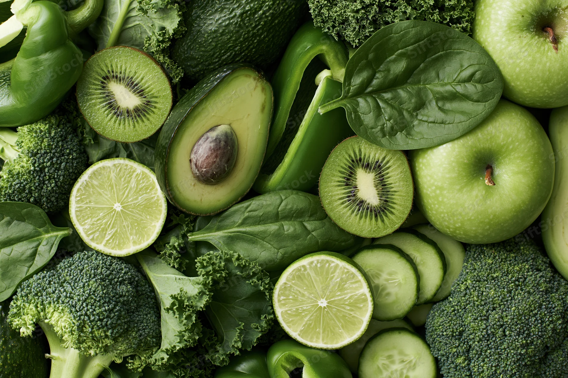 Assorted green fruits and vegetables arranged in a flat lay composition