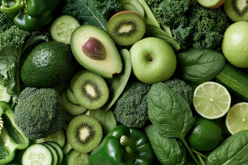 Flat lay of assorted green fruits and vegetables covering the surface