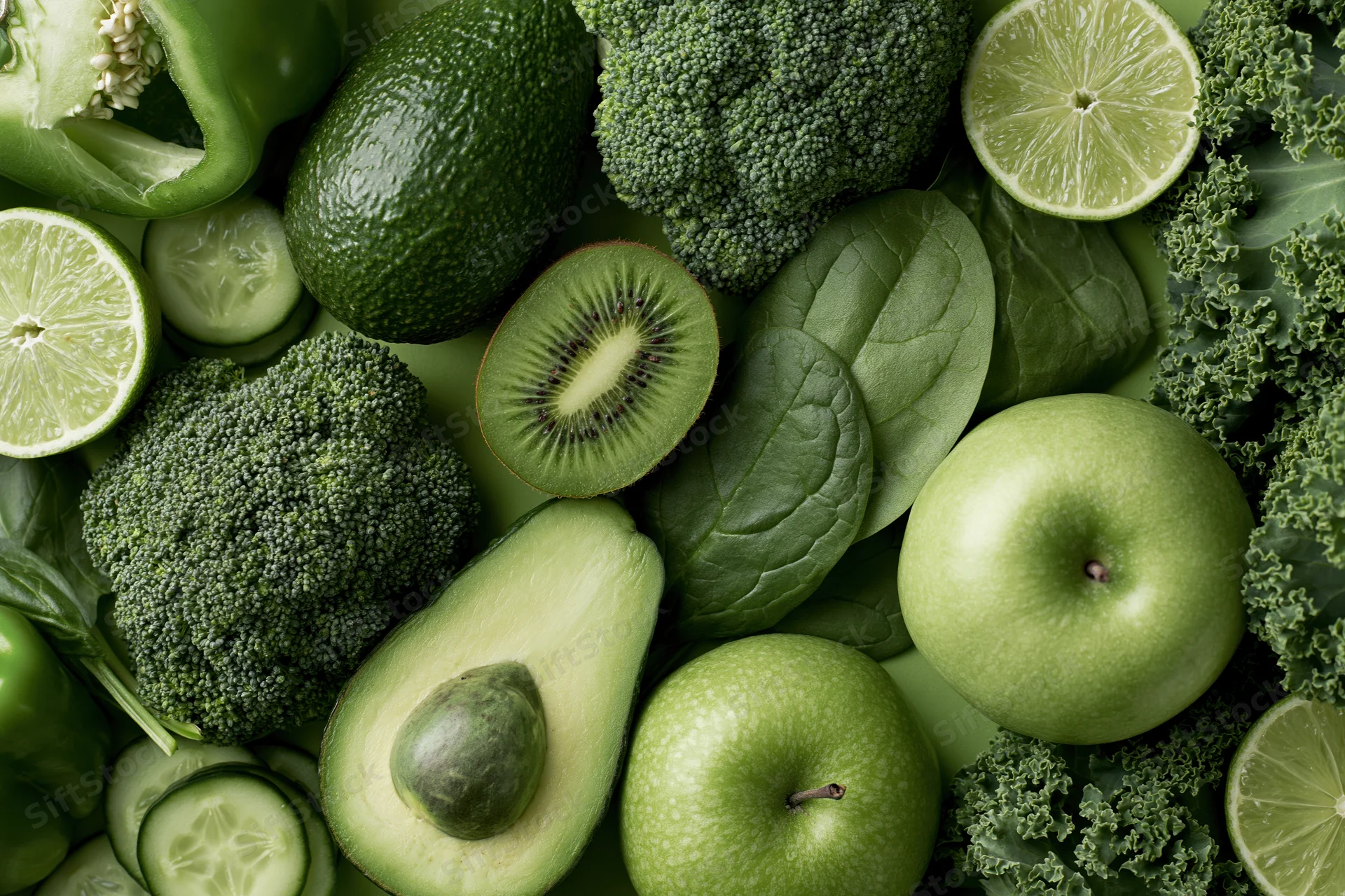 Assorted green fruits and vegetables arranged in a flat lay on a surface
