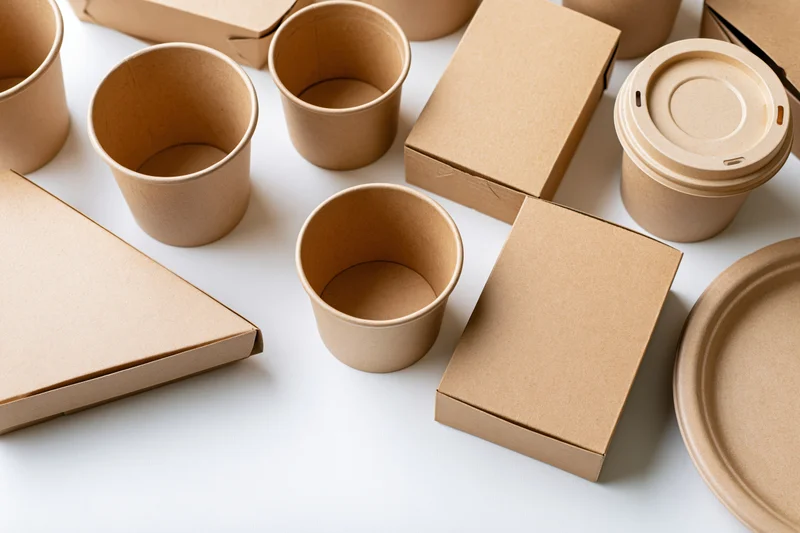 Assorted kraft paper food packaging cups boxes and plates arranged in flat lay on white surface