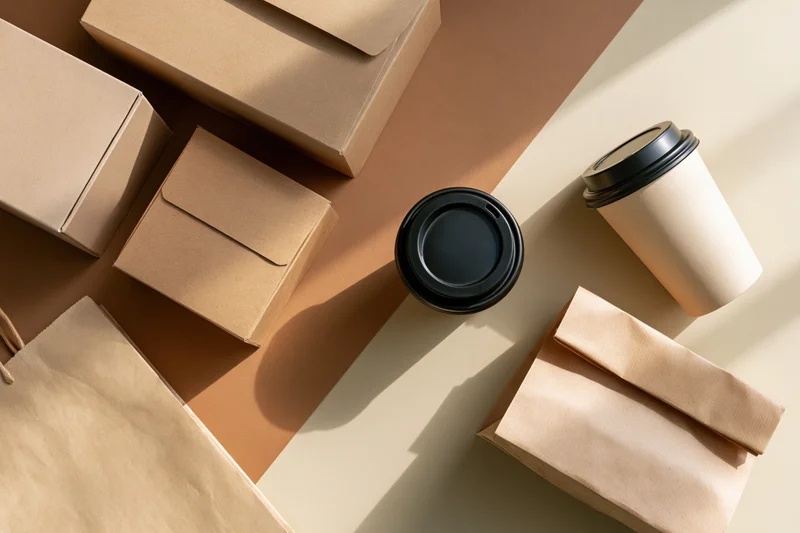 Assorted kraft paper packaging and coffee cups arranged in a flat lay on a two-tone surface