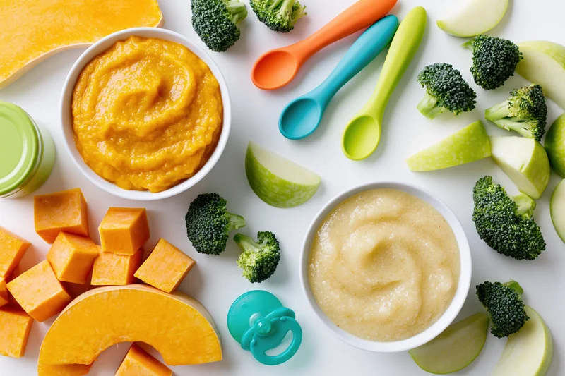 Baby food purees with pumpkin, broccoli, apple and zucchini arranged on white surface with baby spoons and pacifier