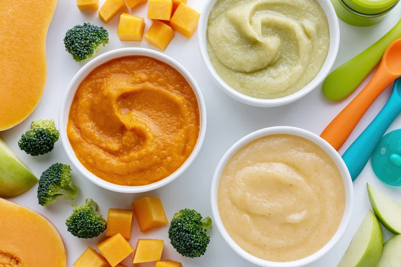 Three bowls of baby food puree with pumpkin, broccoli, and apple arranged on a white surface with baby spoons and fruit pieces around