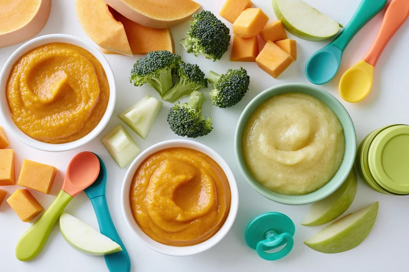 Baby food purees with vegetables and fruit arranged in bowls on a white surface with spoons and pacifier