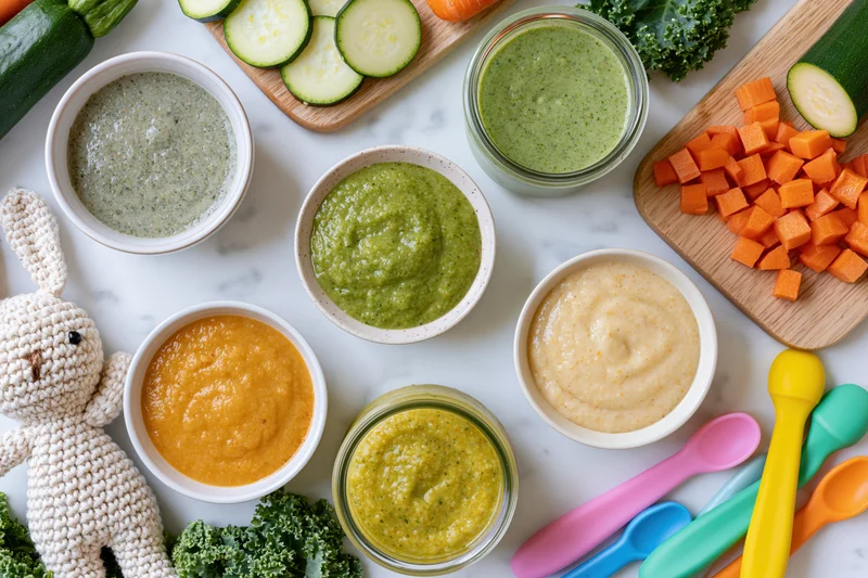 Baby food purees in bowls and jars with chopped vegetables and baby spoons on a marble countertop