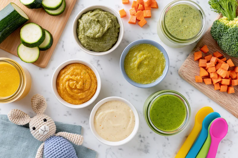 Baby food purees in bowls and jars with chopped vegetables and baby spoon on marble countertop